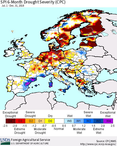 Europe SPI 6-Month Drought Severity (CPC) Thematic Map For 7/1/2018 - 12/31/2018