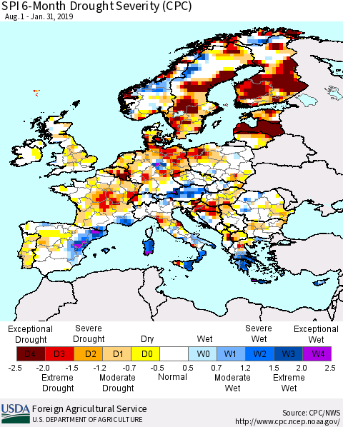 Europe SPI 6-Month Drought Severity (CPC) Thematic Map For 8/1/2018 - 1/31/2019