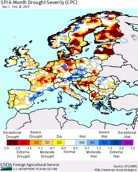 Europe SPI 6-Month Drought Severity (CPC) Thematic Map For 9/1/2018 - 2/28/2019