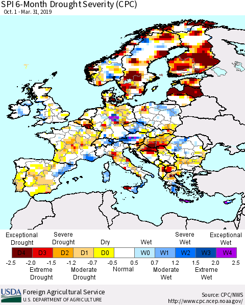 Europe SPI 6-Month Drought Severity (CPC) Thematic Map For 10/1/2018 - 3/31/2019
