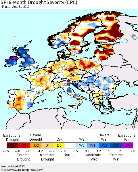 Europe SPI 6-Month Drought Severity (CPC) Thematic Map For 3/1/2019 - 8/31/2019