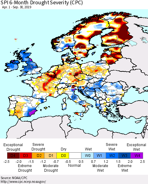 Europe SPI 6-Month Drought Severity (CPC) Thematic Map For 4/1/2019 - 9/30/2019