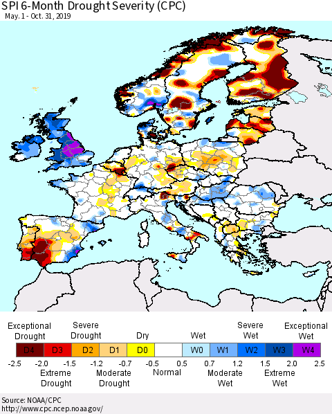 Europe SPI 6-Month Drought Severity (CPC) Thematic Map For 5/1/2019 - 10/31/2019