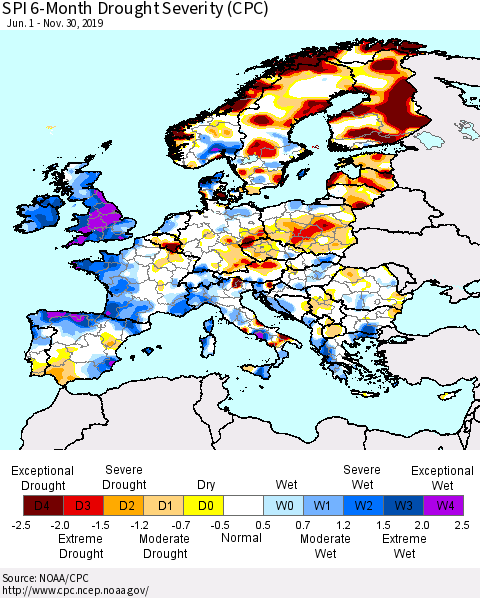 Europe SPI 6-Month Drought Severity (CPC) Thematic Map For 6/1/2019 - 11/30/2019