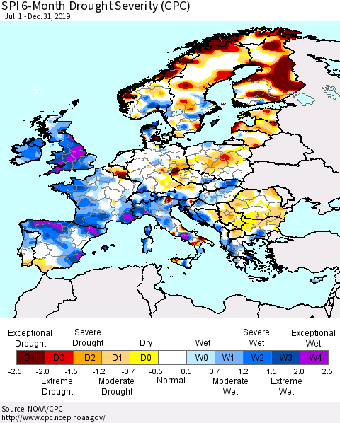 Europe SPI 6-Month Drought Severity (CPC) Thematic Map For 7/1/2019 - 12/31/2019