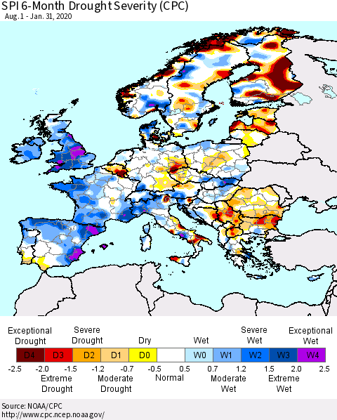 Europe SPI 6-Month Drought Severity (CPC) Thematic Map For 8/1/2019 - 1/31/2020