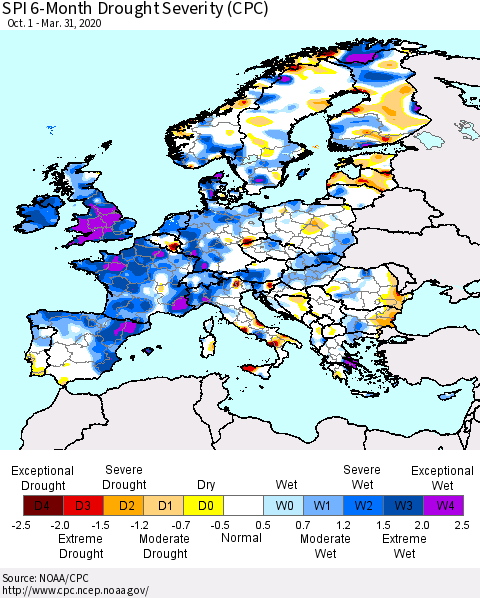 Europe SPI 6-Month Drought Severity (CPC) Thematic Map For 10/1/2019 - 3/31/2020
