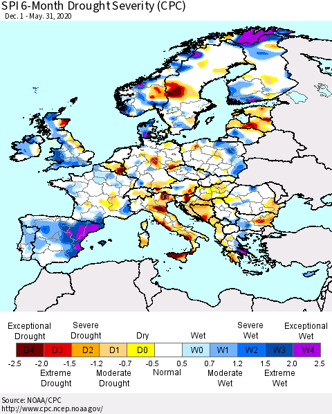 Europe SPI 6-Month Drought Severity (CPC) Thematic Map For 12/1/2019 - 5/31/2020
