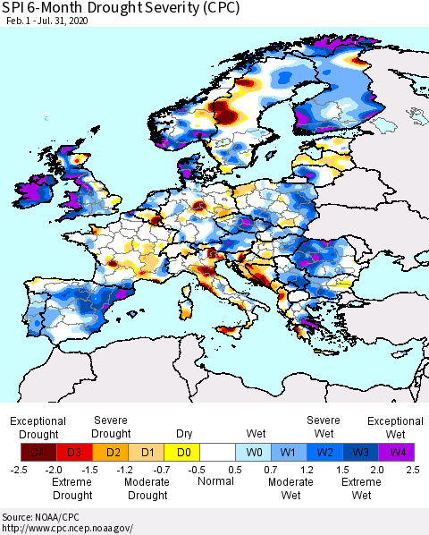 Europe SPI 6-Month Drought Severity (CPC) Thematic Map For 2/1/2020 - 7/31/2020