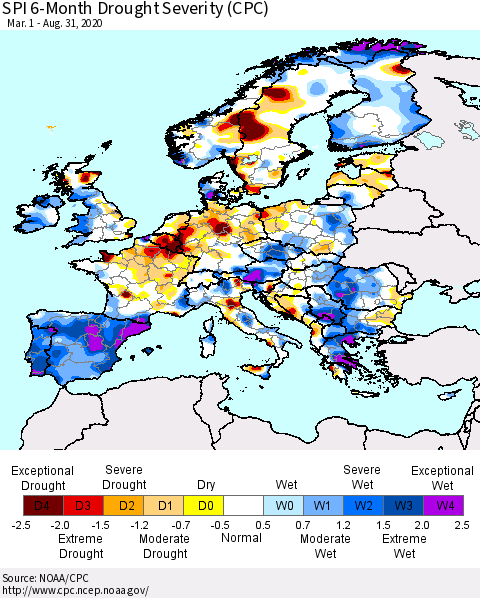 Europe SPI 6-Month Drought Severity (CPC) Thematic Map For 3/1/2020 - 8/31/2020