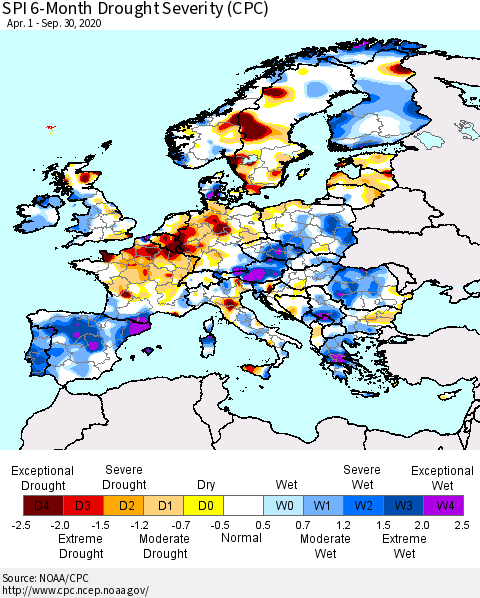 Europe SPI 6-Month Drought Severity (CPC) Thematic Map For 4/1/2020 - 9/30/2020