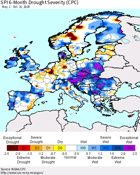 Europe SPI 6-Month Drought Severity (CPC) Thematic Map For 5/1/2020 - 10/31/2020