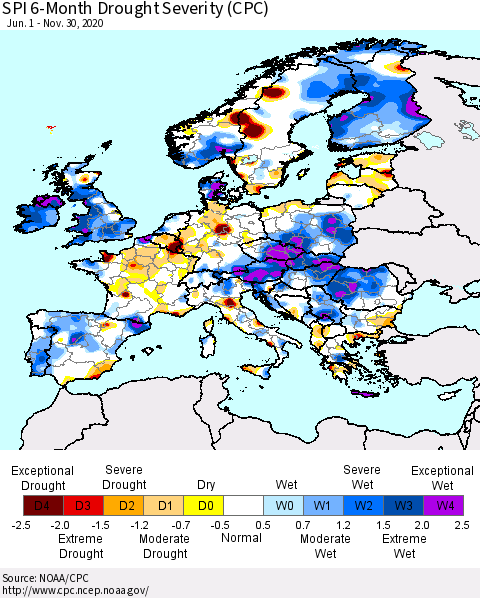 Europe SPI 6-Month Drought Severity (CPC) Thematic Map For 6/1/2020 - 11/30/2020