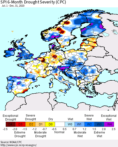 Europe SPI 6-Month Drought Severity (CPC) Thematic Map For 7/1/2020 - 12/31/2020
