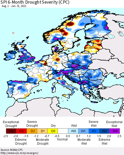 Europe SPI 6-Month Drought Severity (CPC) Thematic Map For 8/1/2020 - 1/31/2021