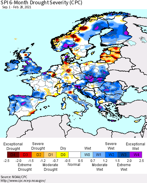 Europe SPI 6-Month Drought Severity (CPC) Thematic Map For 9/1/2020 - 2/28/2021