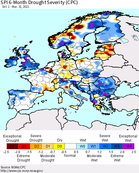 Europe SPI 6-Month Drought Severity (CPC) Thematic Map For 10/1/2020 - 3/31/2021