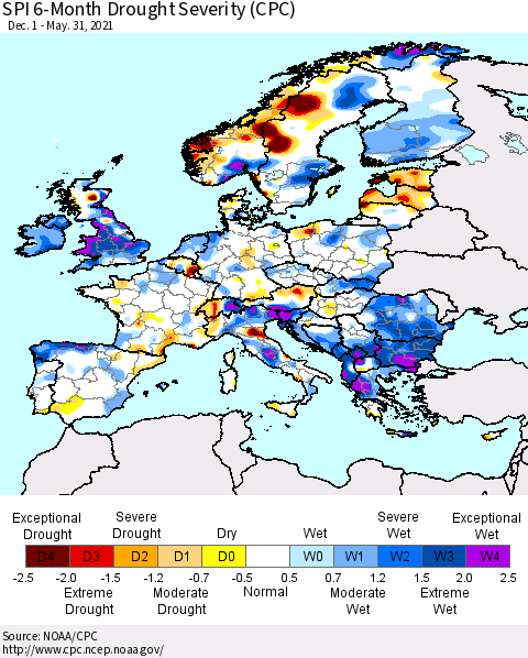 Europe SPI 6-Month Drought Severity (CPC) Thematic Map For 12/1/2020 - 5/31/2021