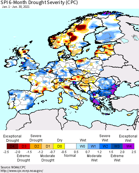 Europe SPI 6-Month Drought Severity (CPC) Thematic Map For 1/1/2021 - 6/30/2021