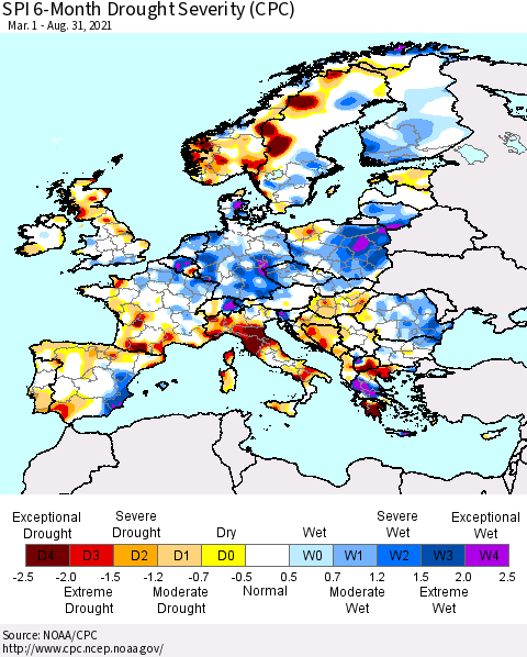 Europe SPI 6-Month Drought Severity (CPC) Thematic Map For 3/1/2021 - 8/31/2021