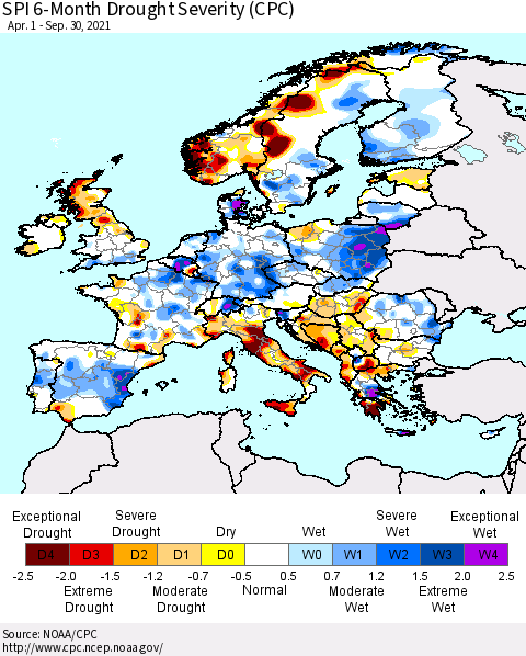 Europe SPI 6-Month Drought Severity (CPC) Thematic Map For 4/1/2021 - 9/30/2021