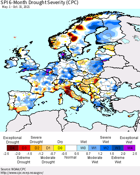 Europe SPI 6-Month Drought Severity (CPC) Thematic Map For 5/1/2021 - 10/31/2021