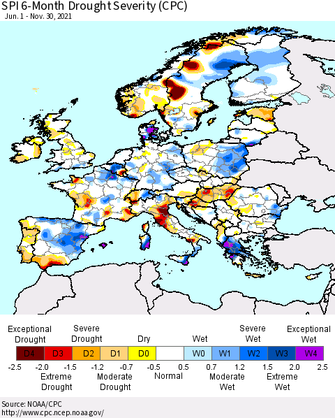 Europe SPI 6-Month Drought Severity (CPC) Thematic Map For 6/1/2021 - 11/30/2021