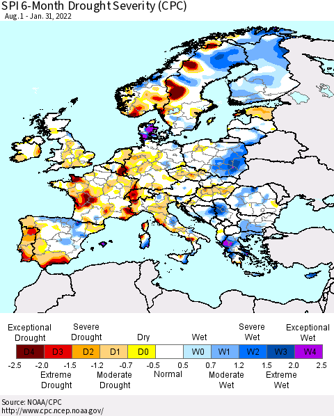 Europe SPI 6-Month Drought Severity (CPC) Thematic Map For 8/1/2021 - 1/31/2022