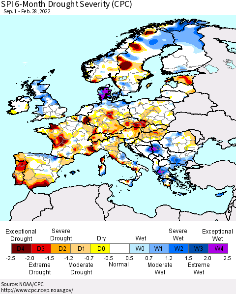 Europe SPI 6-Month Drought Severity (CPC) Thematic Map For 9/1/2021 - 2/28/2022