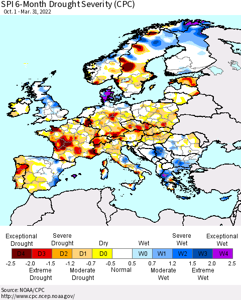 Europe SPI 6-Month Drought Severity (CPC) Thematic Map For 10/1/2021 - 3/31/2022