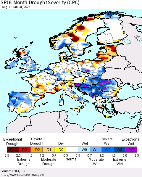 Europe SPI 6-Month Drought Severity (CPC) Thematic Map For 8/1/2022 - 1/31/2023