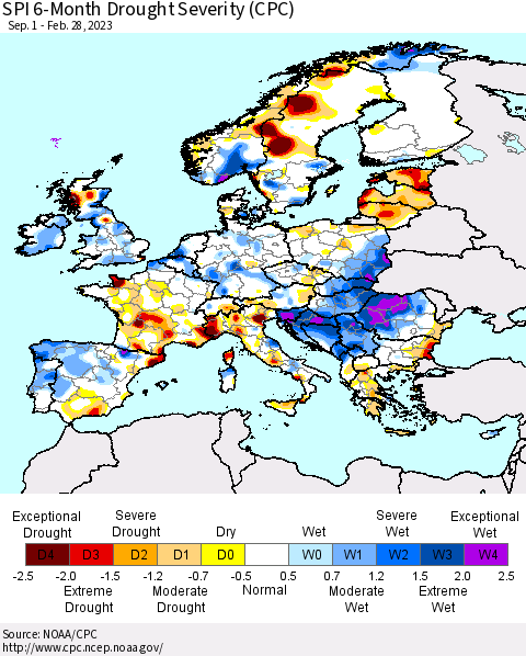 Europe SPI 6-Month Drought Severity (CPC) Thematic Map For 9/1/2022 - 2/28/2023