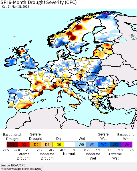 Europe SPI 6-Month Drought Severity (CPC) Thematic Map For 10/1/2022 - 3/31/2023