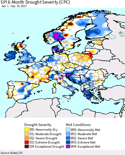 Europe SPI 6-Month Drought Severity (CPC) Thematic Map For 4/1/2023 - 9/30/2023