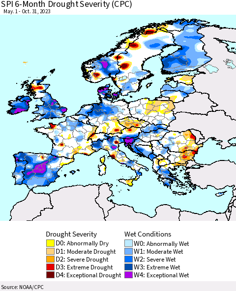 Europe SPI 6-Month Drought Severity (CPC) Thematic Map For 5/1/2023 - 10/31/2023