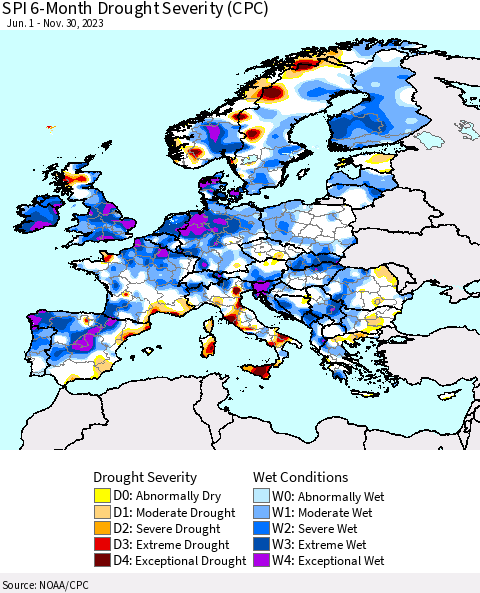 Europe SPI 6-Month Drought Severity (CPC) Thematic Map For 6/1/2023 - 11/30/2023