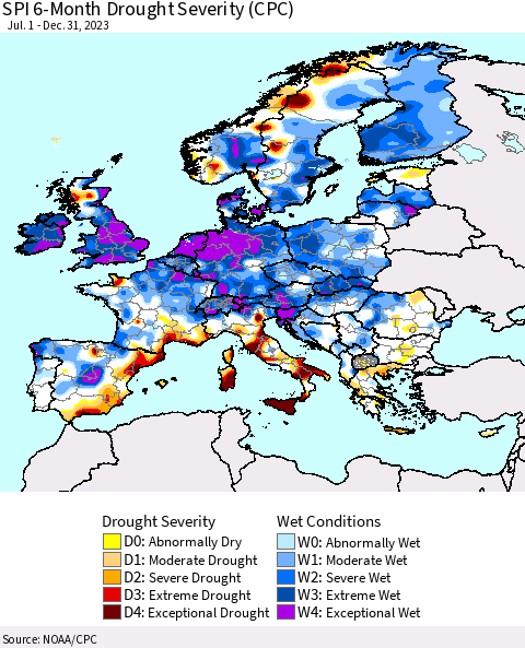 Europe SPI 6-Month Drought Severity (CPC) Thematic Map For 7/1/2023 - 12/31/2023