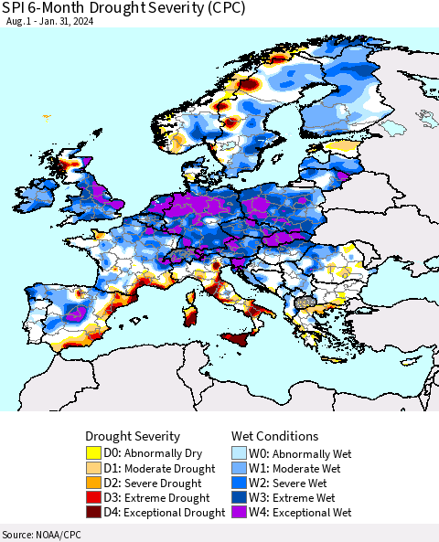 Europe SPI 6-Month Drought Severity (CPC) Thematic Map For 8/1/2023 - 1/31/2024