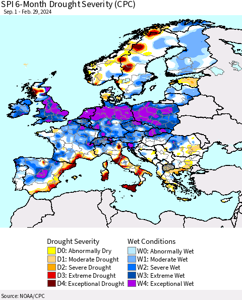 Europe SPI 6-Month Drought Severity (CPC) Thematic Map For 9/1/2023 - 2/29/2024