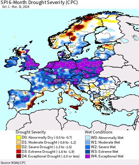Europe SPI 6-Month Drought Severity (CPC) Thematic Map For 10/1/2023 - 3/31/2024