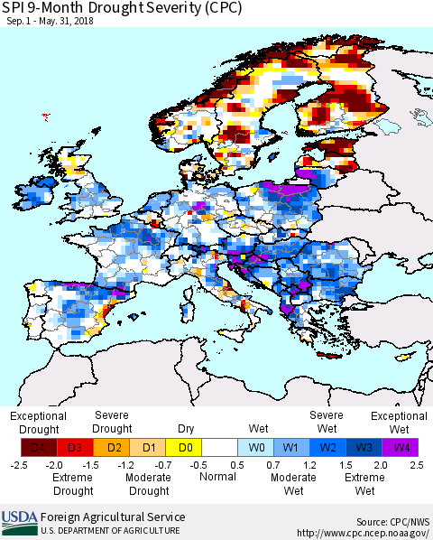 Europe SPI 9-Month Drought Severity (CPC) Thematic Map For 9/1/2017 - 5/31/2018
