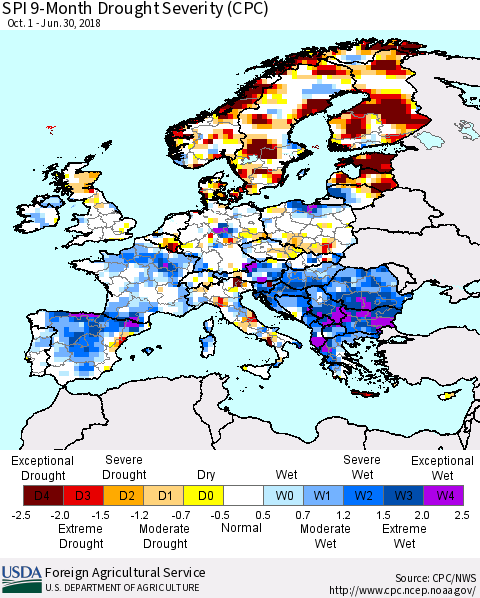 Europe SPI 9-Month Drought Severity (CPC) Thematic Map For 10/1/2017 - 6/30/2018