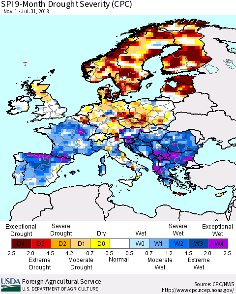 Europe SPI 9-Month Drought Severity (CPC) Thematic Map For 11/1/2017 - 7/31/2018