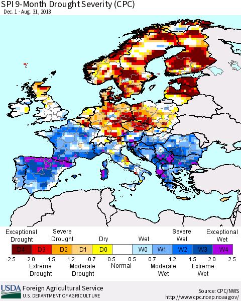 Europe SPI 9-Month Drought Severity (CPC) Thematic Map For 12/1/2017 - 8/31/2018