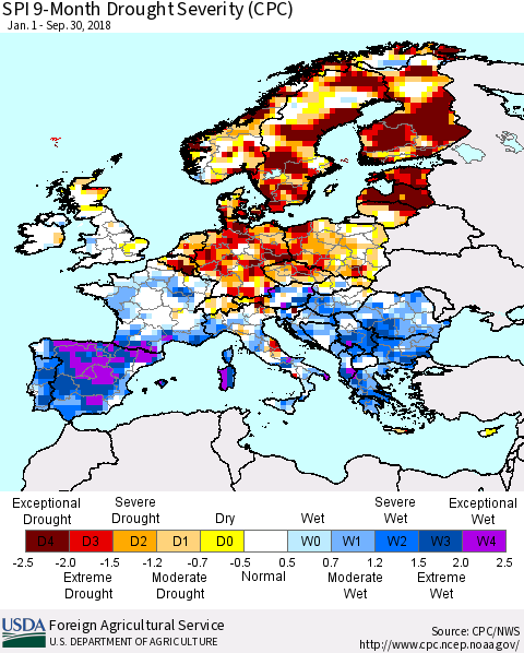 Europe SPI 9-Month Drought Severity (CPC) Thematic Map For 1/1/2018 - 9/30/2018
