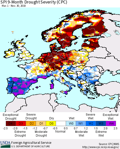 Europe SPI 9-Month Drought Severity (CPC) Thematic Map For 3/1/2018 - 11/30/2018