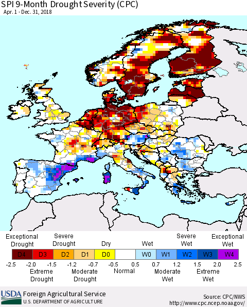 Europe SPI 9-Month Drought Severity (CPC) Thematic Map For 4/1/2018 - 12/31/2018