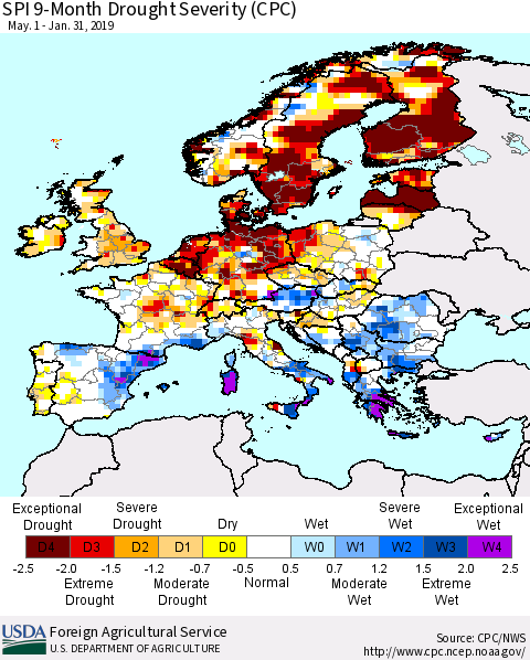 Europe SPI 9-Month Drought Severity (CPC) Thematic Map For 5/1/2018 - 1/31/2019