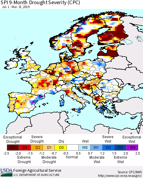 Europe SPI 9-Month Drought Severity (CPC) Thematic Map For 7/1/2018 - 3/31/2019