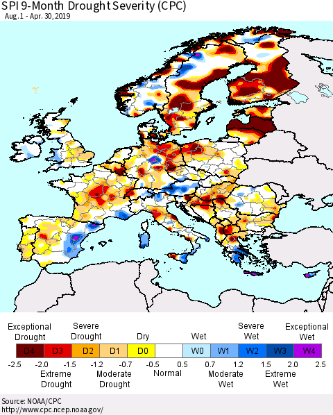 Europe SPI 9-Month Drought Severity (CPC) Thematic Map For 8/1/2018 - 4/30/2019